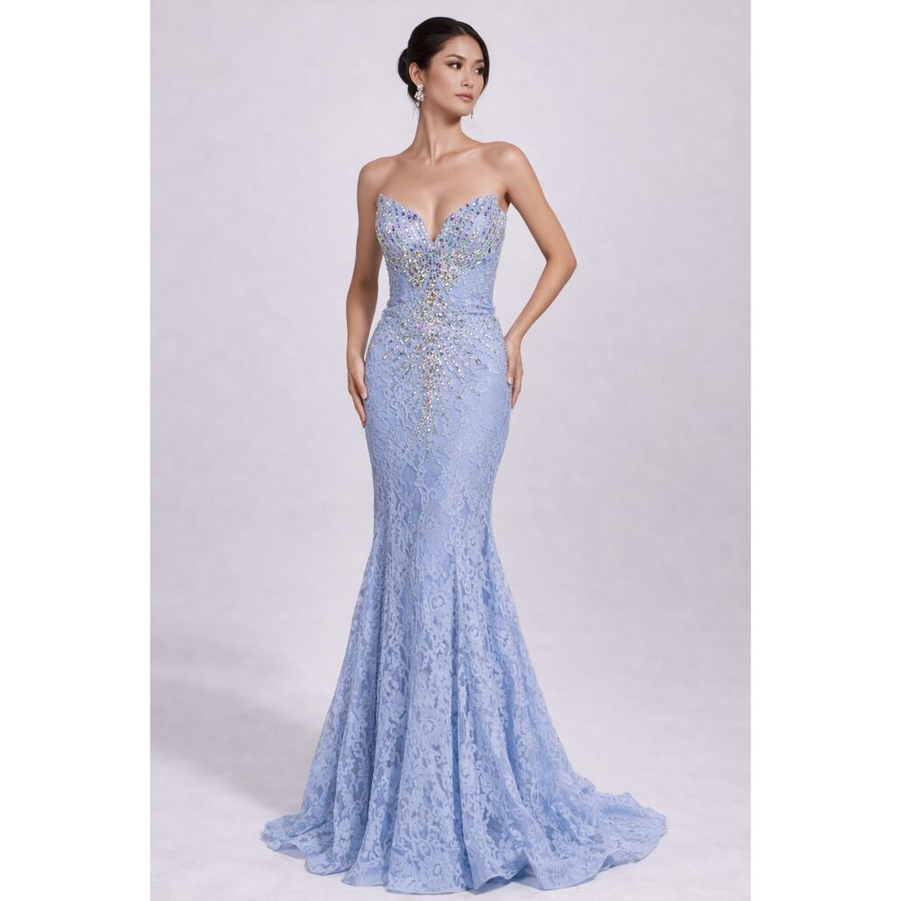 Portia & Scarlett Formal Evening Gown Women Small Blue Strapless Crystal Mermaid